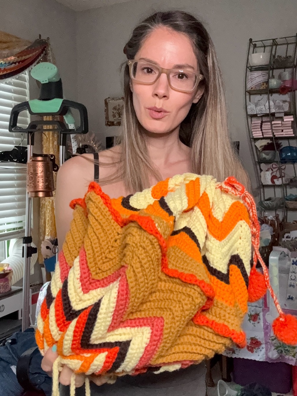Handmade Chevron Knit pouch with Pom Poms - 70’s Multicolor bohemian Granny knit